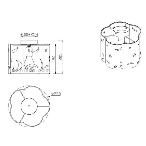 Dimensões da luminária de teto rosa estrelas e luas da Moony | LeonLeds Iluminação infantil