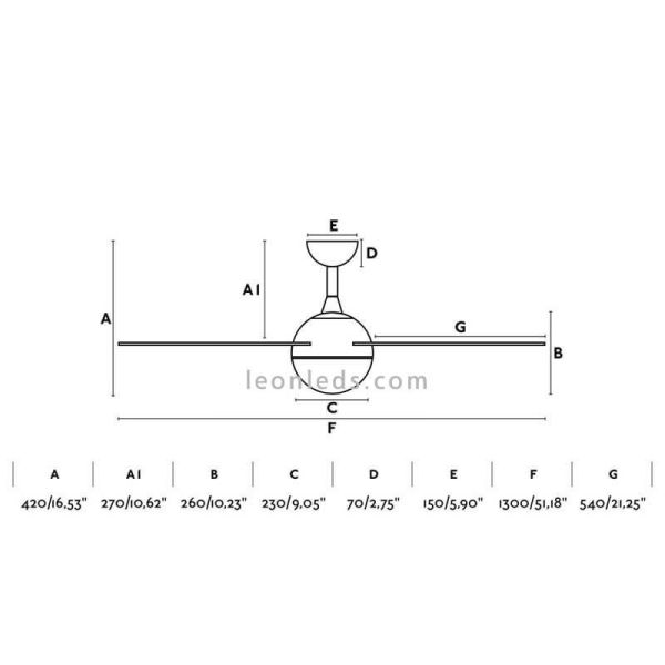 Dimensions du ventilateur de plafond LED blanc Izaro de Faro Barcelona | Ventilateurs LED LeonLeds