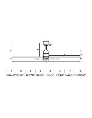 Dimensões do Ventilador de Teto Manhattan | Grande ventilador de teto | Ventiladores de teto LeonLeds