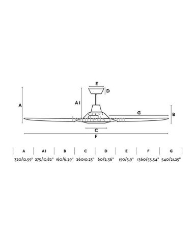 Dimensões do ventilador de teto Meno da Faro Barcelona