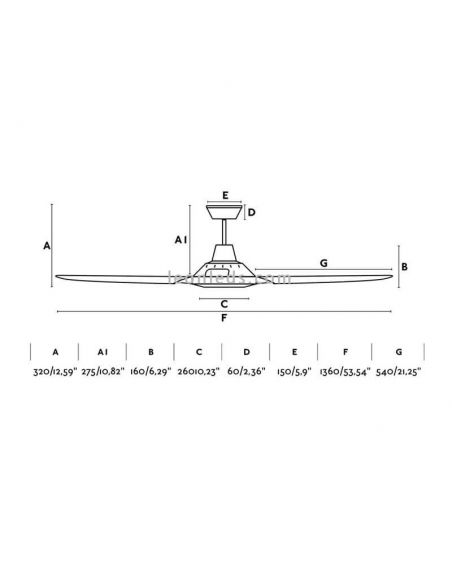 Dimensions du ventilateur de plafond Meno de Faro Barcelona