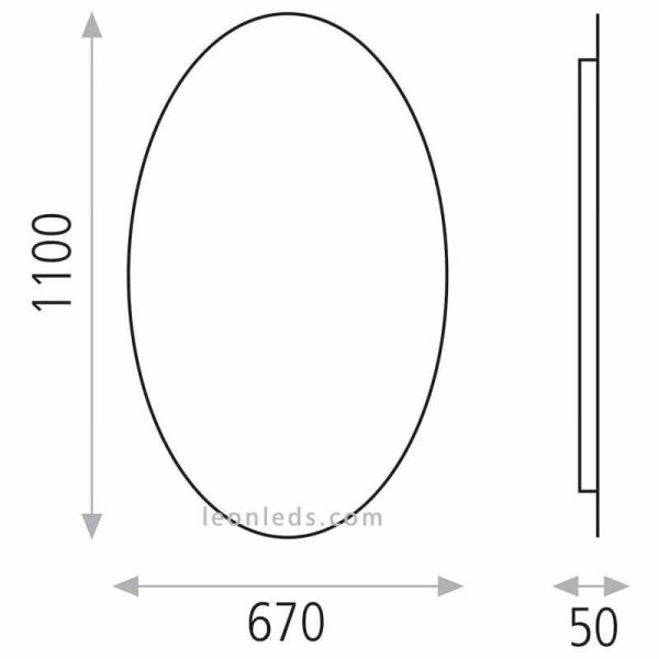 Dimensões do espelho oval de LED da marca Abc Lighting, modelo Adriana