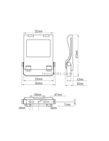 Dimensions des spots LED Cree CFL 150W pour installation extérieure | Spots LED LeonLeds