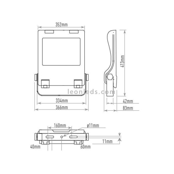 Dimensions des spots LED Cree CFL 150W pour installation extérieure | Spots LED LeonLeds