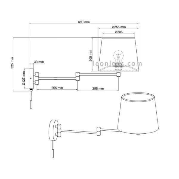 Dimensions Applique murale avec interrupteur à chaîne