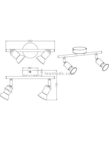 Dimensiones regleta 2 focos serie paris de Trio Lighting