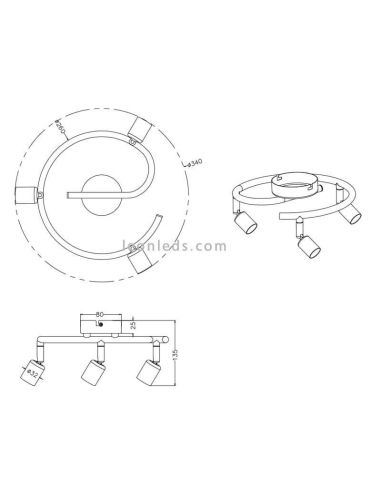 Dimensiones Regleta focos redonda titan serie Paris Trio lighting