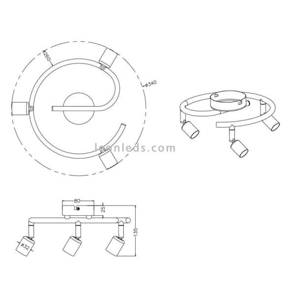 Dimensiones Regleta focos redonda titan serie Paris Trio lighting