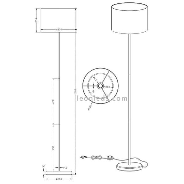 Dimensions Lampadaire blanc série hotel par trio Lighting