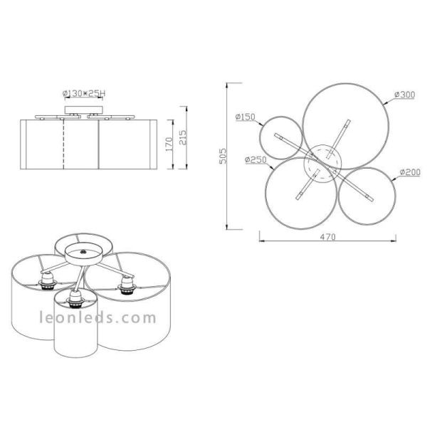Dimensões Luminária de teto têxtil série Hotel Trio Lighting | LeonLeds.com