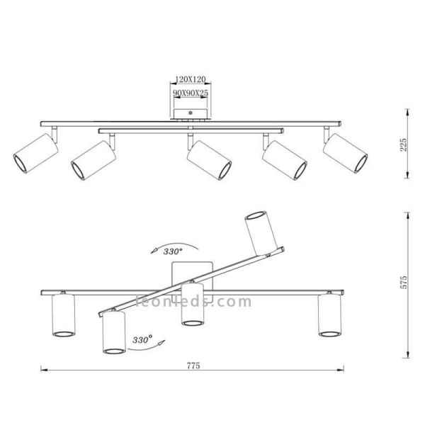 Dimensions Réglette 5 spots Noir