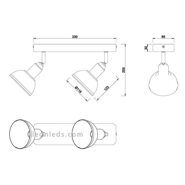 Dimensiones regleta 2 focos delhi
