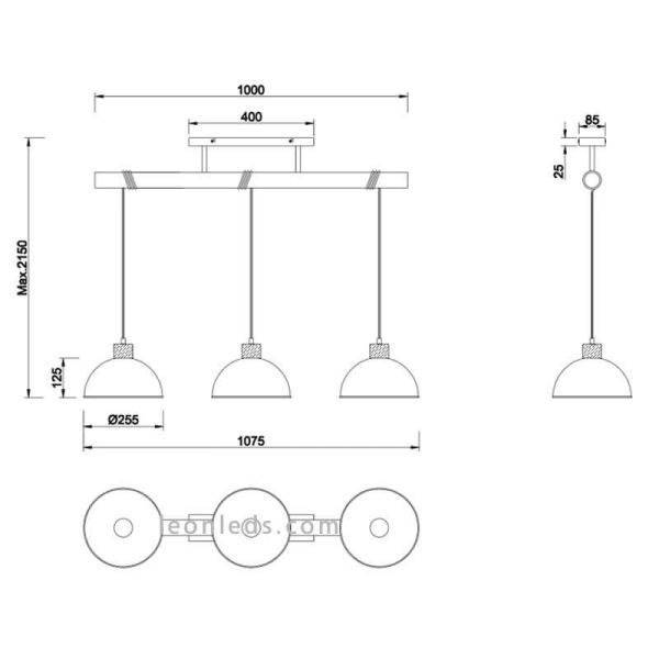 Dimensiones Lámpara de techo 3 luces industrial