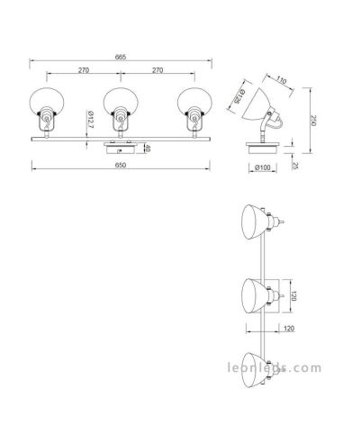 Dimensions : Réglette lumineuse à 3 LED, finition nickel mat