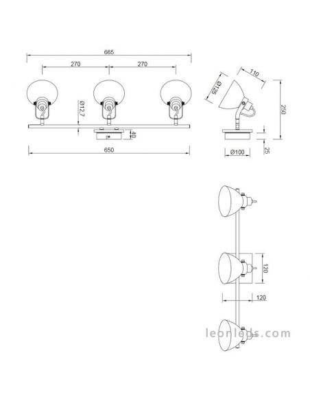 Dimensions : Réglette lumineuse à 3 LED, finition nickel mat