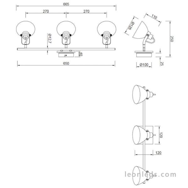 Dimensions : Réglette lumineuse à 3 LED, finition nickel mat