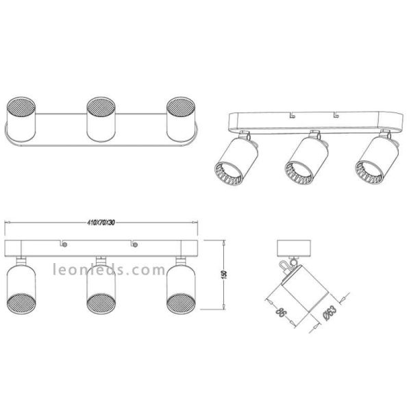 Dimensiones Regleta 3 focos negra Pago