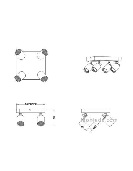 Dimensiones regleta 4 focos negra