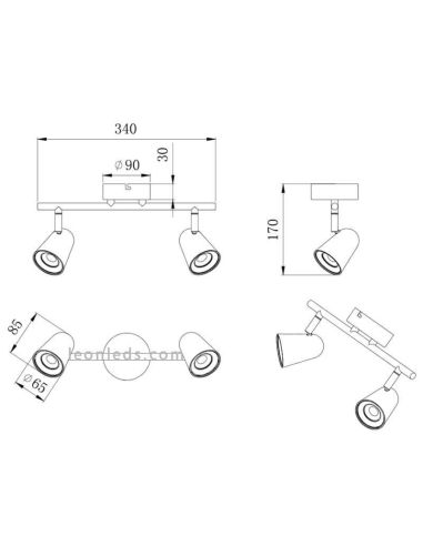 Dimensiones Regleta de 2 Focos LED orientable Toulouse Trio Lighting