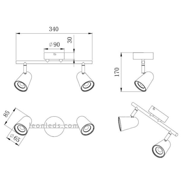 Dimensiones Regleta de 2 Focos LED orientable Toulouse Trio Lighting