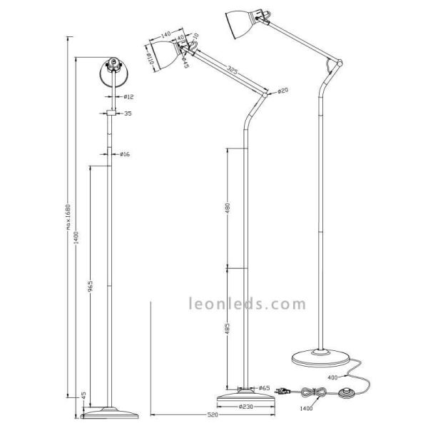 Dimensões da luminária de pé Bronze Jasper da Trio Lighting | Leon Iluminação LED