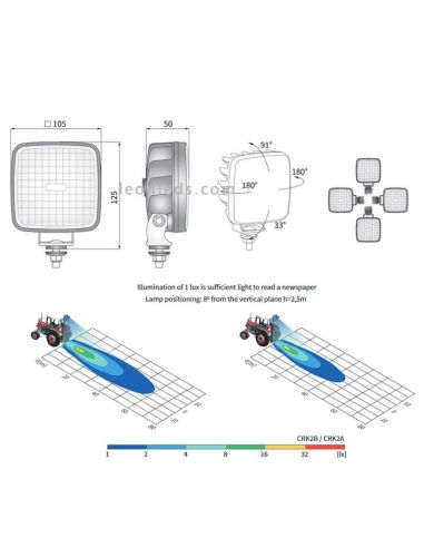 Dimensiones Faro LED cuadrado de trabajo 1.600Lm Wesem | LeonLeds Iluminación