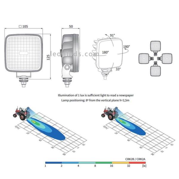 Dimensiones Faro LED cuadrado de trabajo 1.600Lm Wesem | LeonLeds Iluminación