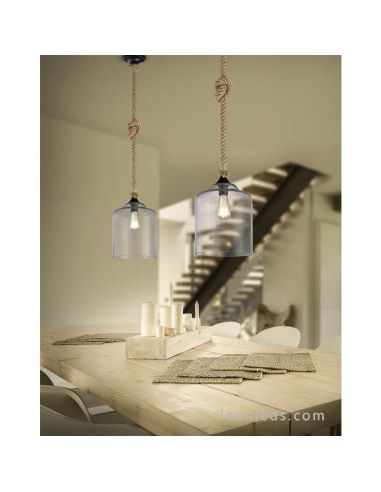 Lámpara de techo Cuerda de Cañamo y Pantalla de Cristal Vintage 1XE27 altura 150Cm Judith 302900102 | LeonLeds Iluminación