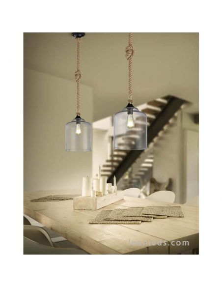 Lámpara de techo Cuerda de Cañamo y Pantalla de Cristal Vintage 1XE27 altura 150Cm Judith 302900102 | LeonLeds Iluminación
