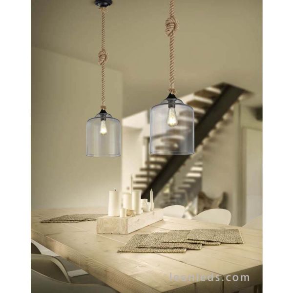 Lámpara de techo Cuerda de Cañamo y Pantalla de Cristal Vintage 1XE27 altura 150Cm Judith 302900102 | LeonLeds Iluminación