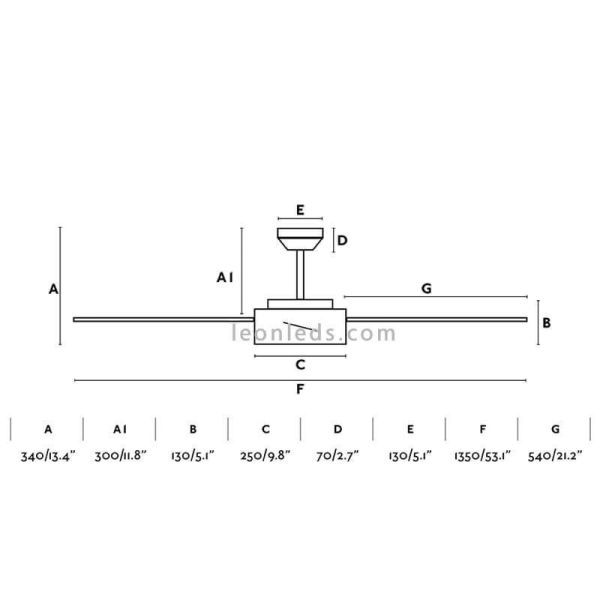 Dimensions Hydra Ventilateur de Plafond LED Noir et Noyer Faro Barcelona | Éclairage LeonLeds