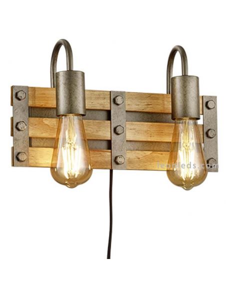 Aplique 2 luces de madera con enchufe e interruptor Khan | LeonLeds Iluminación