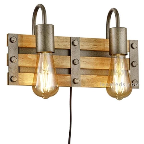 Aplique 2 luces de madera con enchufe e interruptor Khan | LeonLeds Iluminación