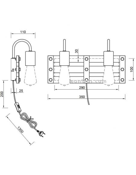 Dimensions Applique en bois à 2 lumières avec douille et interrupteur Khan | Éclairage LeonLeds