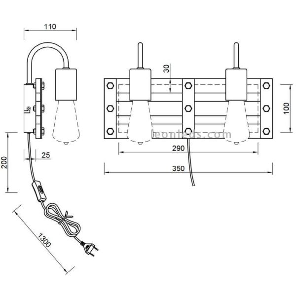 Dimensions Applique en bois à 2 lumières avec douille et interrupteur Khan | Éclairage LeonLeds