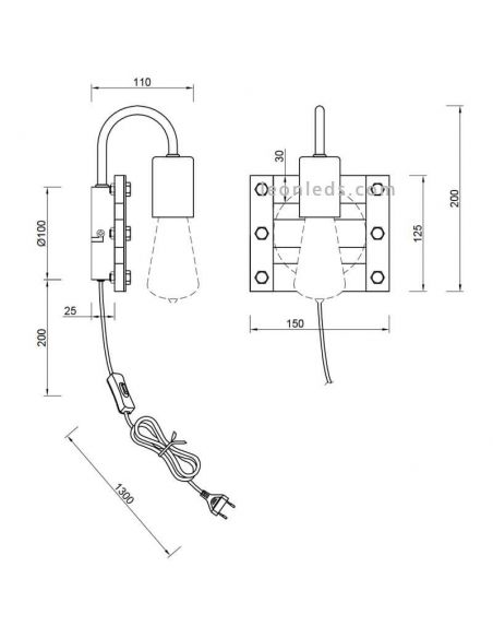 Dimensiones Aplique LED Vintage Khan de Trio Lighting | LeonLeds Iluminación
