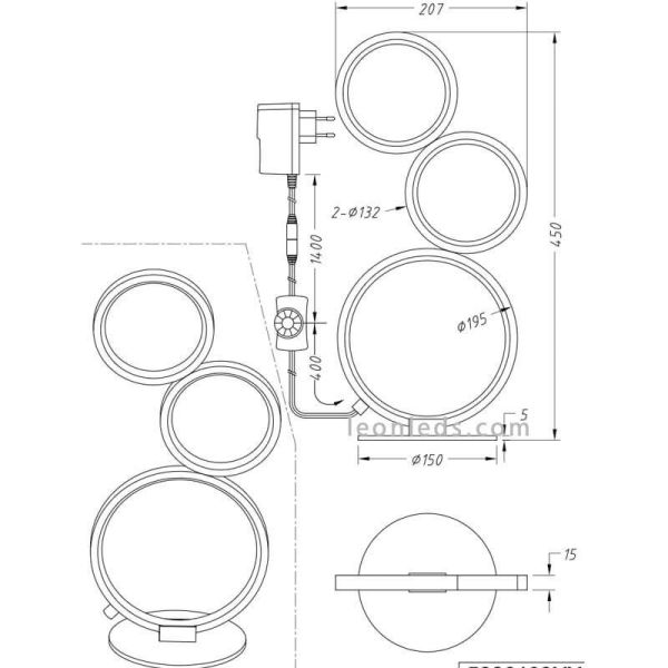 Dimensiones Lámpara de sobremesa LED con circulos Rondo de Trio Lighting | LeonLeds Iluminación