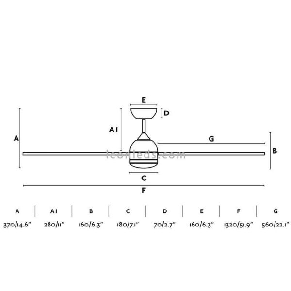 Dimensiones Ventilador de techo LED Blanco y Madera Poros | LeonLeds Iluminación