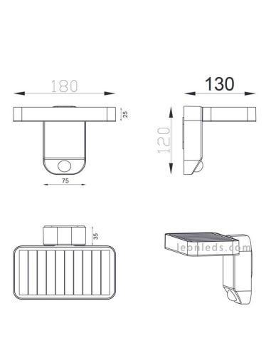Dimensões Moderno aplique solar LED com sensor de movimento Fomasa | Leon Iluminação LED