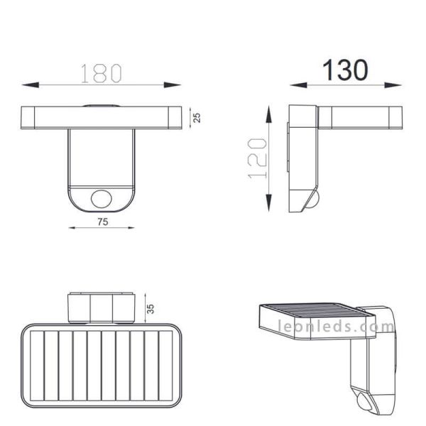 Dimensions Applique murale solaire moderne à LED avec détecteur de mouvement Fomasa | Éclairage LeonLeds