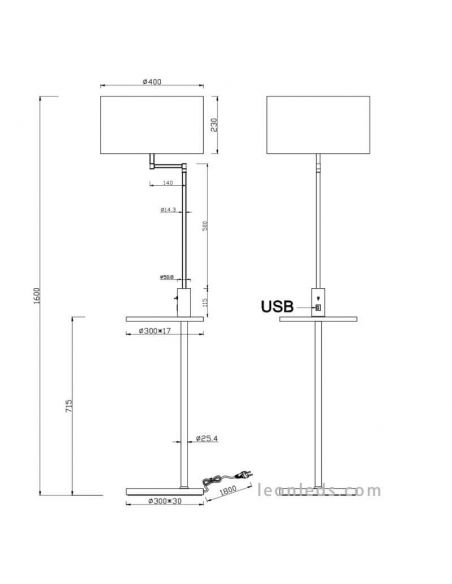 Dimensões Candeeiro de pé com USB Claas Trio Lighting | Leon Iluminação LED