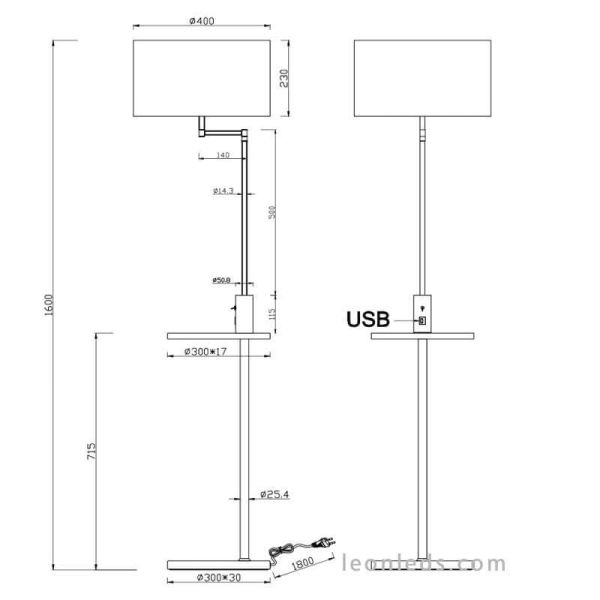 Dimensões Candeeiro de pé com mesa e USB Claas Trio Lighting | Leon Iluminação LED
