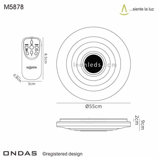 Dimensiones Plafón LED con altavoz Ondas 5878 Mantra | LeonLeds Iluminación