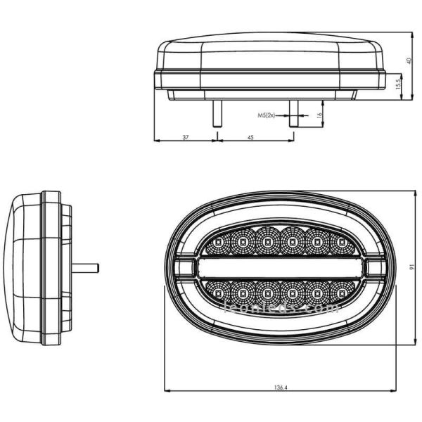 Dimensions Feu arrière à LED avec position antibrouillard et marche arrière Was 1461 | leonleds