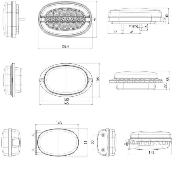 Dimensions Kit 6 feux arrière ovales à LED W205 Was Position de clignotants progressifs Frein | Éclairage LeonLeds