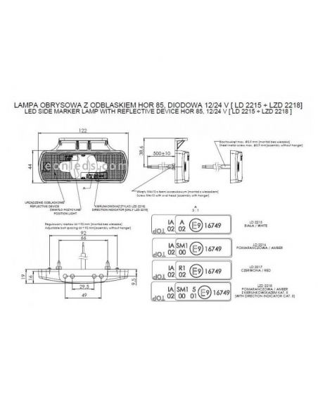 Dimensions Jauge LED feux avec support Ambre Blanc Rouge Horpol | Éclairage LeonLeds