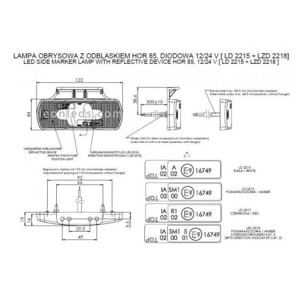 Dimensiones Pilotos LED Galibo con soporte Ambar Blanco Rojo Horpol | LeonLeds Iluminación