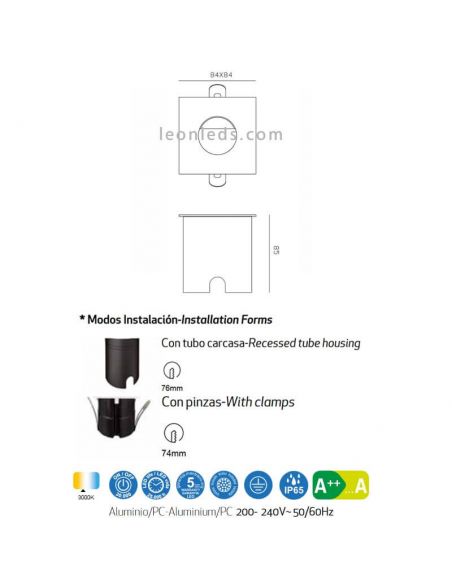 Dimensiones Empotrable LED de señalización exterior Aspen Mantra 7030 7031 7032 | LeonLeds Iluminación