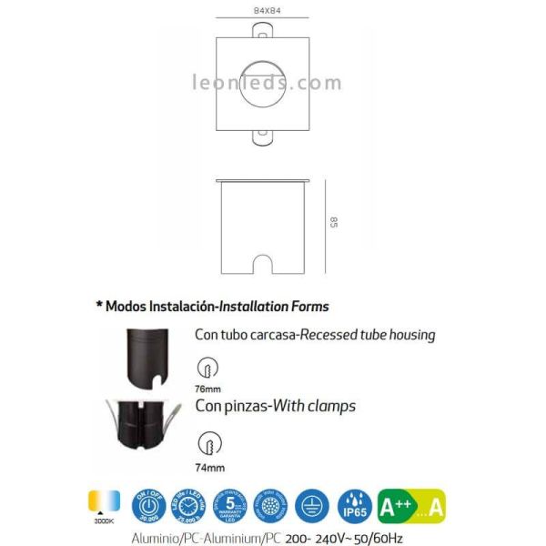 Dimensiones Empotrable LED de señalización exterior Aspen Mantra 7030 7031 7032 | LeonLeds Iluminación