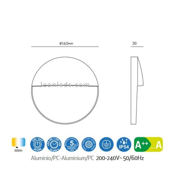 Dimensiones Baliza superficie LED redonda para exterior 6W Baker Mantra 7017 7018 7643 | LeonLeds Iluminación